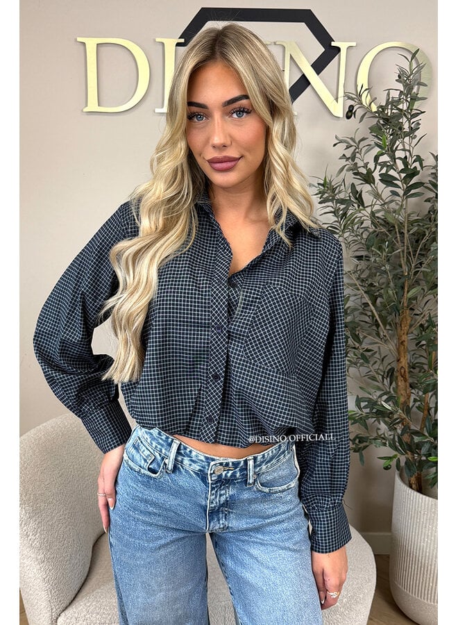 NAVY BLUE - 'NENA V2 BLOUSE' - CHECKED CROPPED BLOUSE