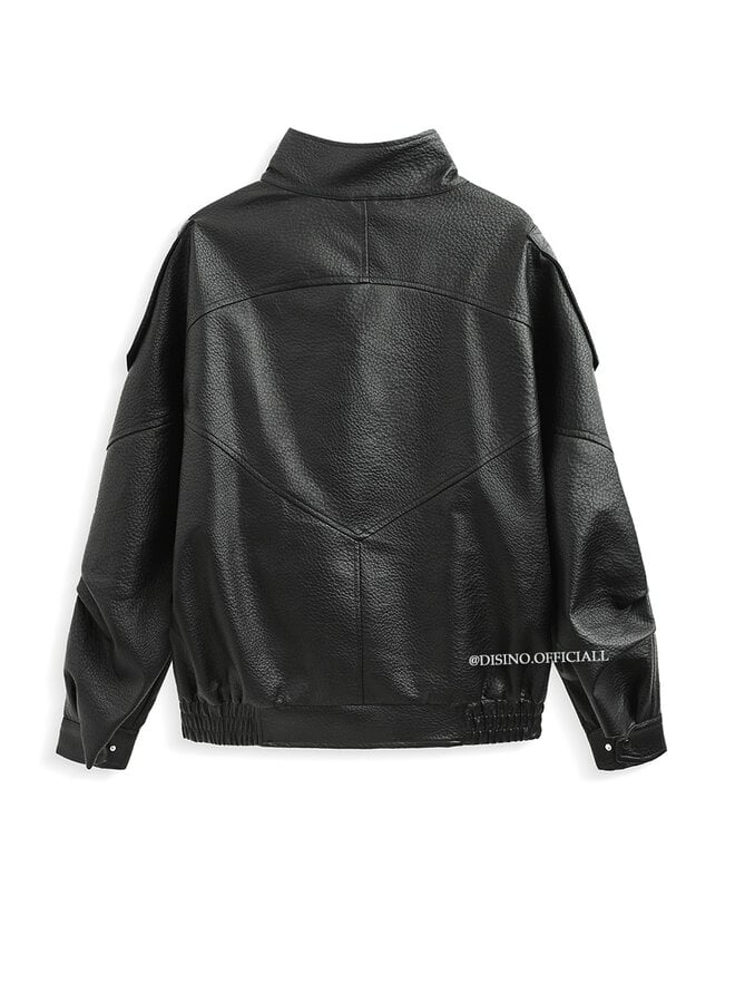 BLACK - 'ZORA JACKET' - PREMIUM OVERSIZED HIGH NECK LEATHER BOMBER JACKET