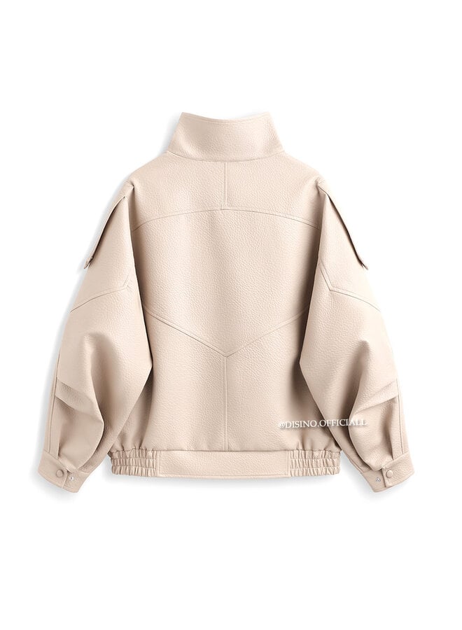 BEIGE - 'ZORA JACKET' - PREMIUM OVERSIZED HIGH NECK LEATHER BOMBER JACKET