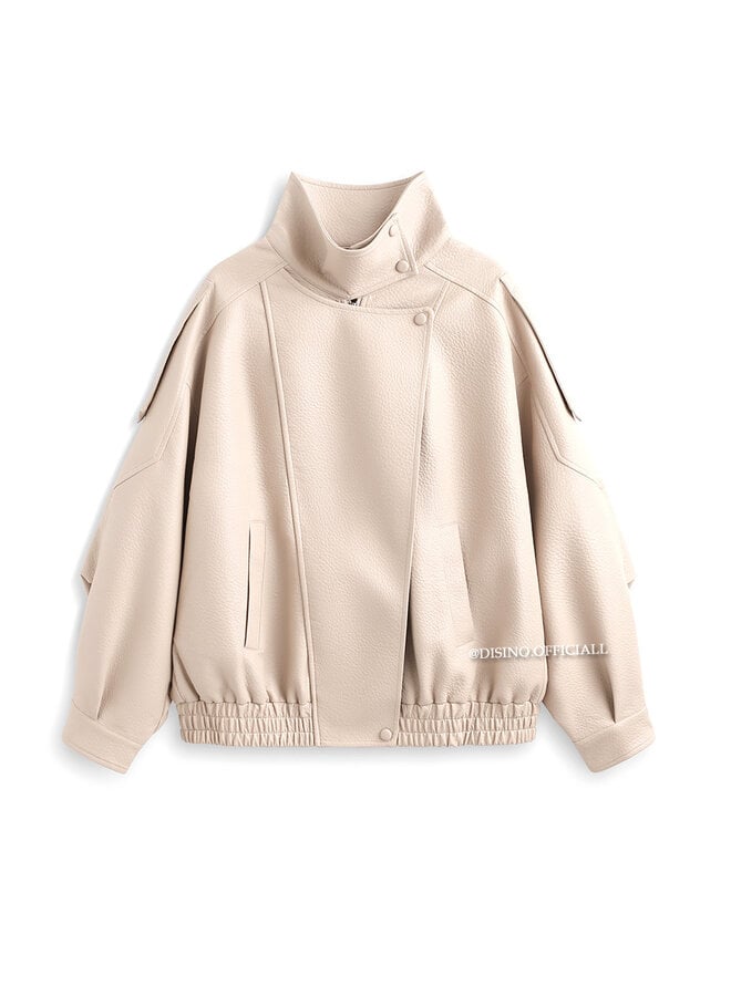 BEIGE - 'ZORA JACKET' - PREMIUM OVERSIZED HIGH NECK LEATHER BOMBER JACKET
