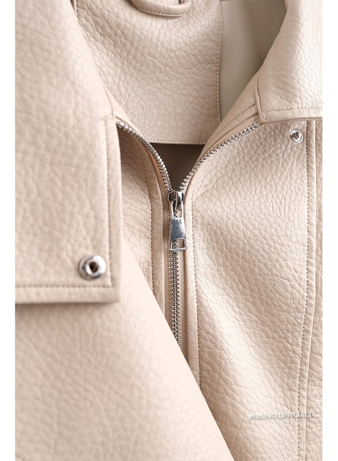 BEIGE - 'ZORA JACKET' - PREMIUM OVERSIZED HIGH NECK LEATHER BOMBER JACKET
