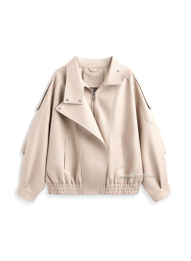 BEIGE - 'ZORA JACKET' - PREMIUM OVERSIZED HIGH NECK LEATHER BOMBER JACKET