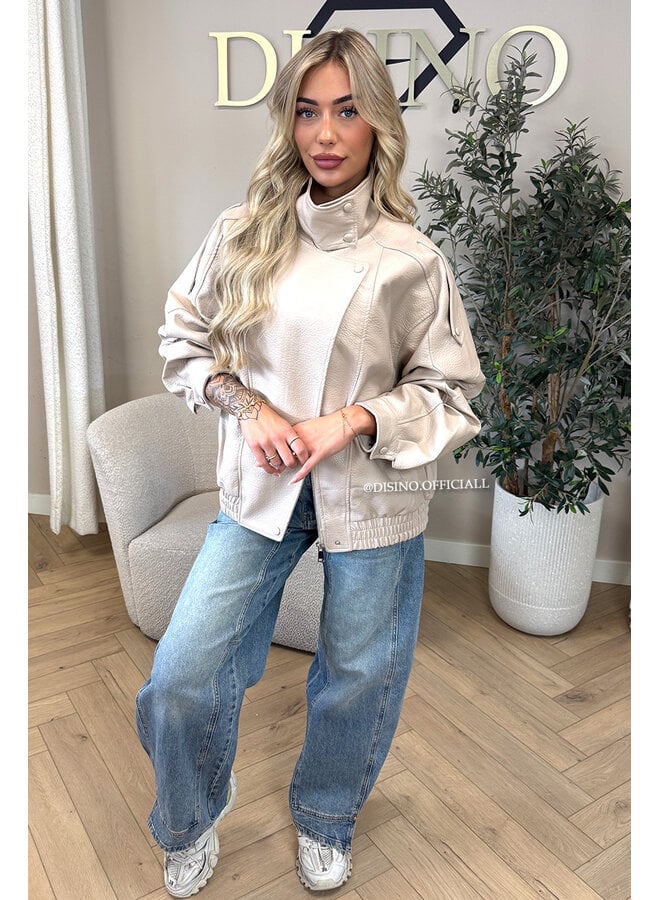 BEIGE - 'ZORA JACKET' - PREMIUM OVERSIZED HIGH NECK LEATHER BOMBER JACKET
