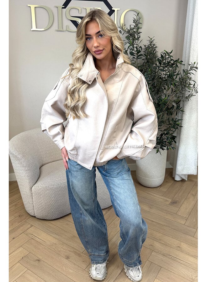 BEIGE - 'ZORA JACKET' - PREMIUM OVERSIZED HIGH NECK LEATHER BOMBER JACKET