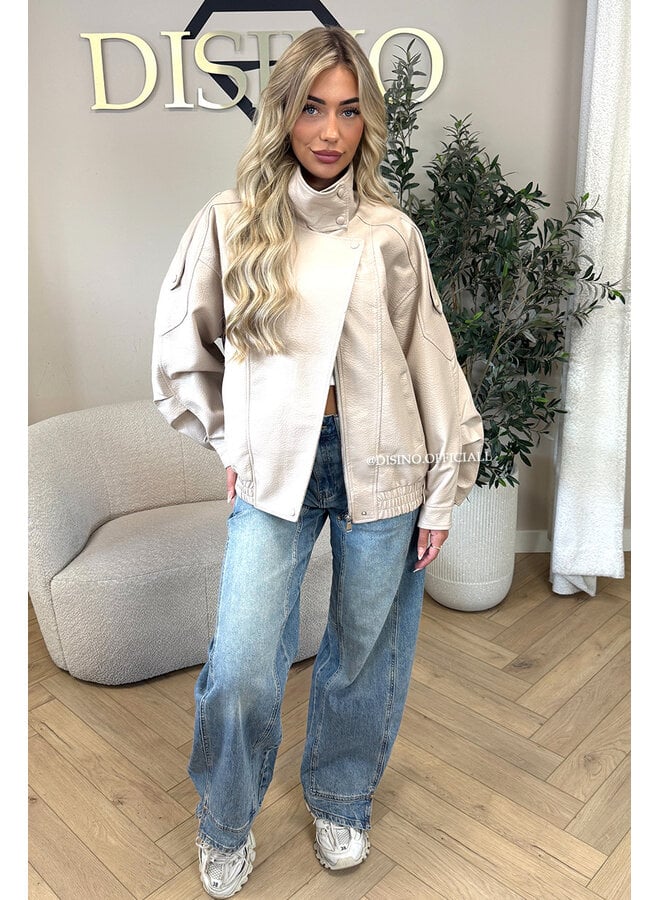 BEIGE - 'ZORA JACKET' - PREMIUM OVERSIZED HIGH NECK LEATHER BOMBER JACKET