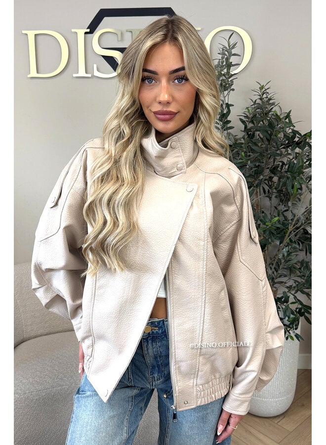BEIGE - 'ZORA JACKET' - PREMIUM OVERSIZED HIGH NECK LEATHER BOMBER JACKET