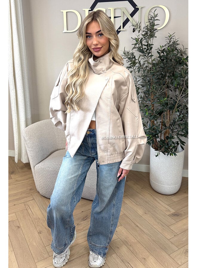 BEIGE - 'ZORA JACKET' - PREMIUM OVERSIZED HIGH NECK LEATHER BOMBER JACKET