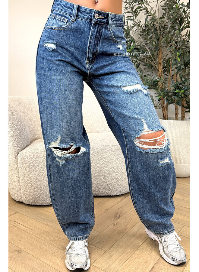 DARK BLUE - 'CAIANO JEANS' - RIPPED STRETCH BALLOON LEG JEANS