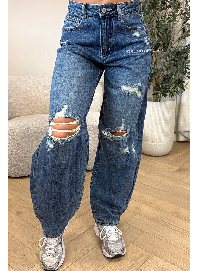 DARK BLUE - 'CAIANO JEANS' - RIPPED STRETCH BALLOON LEG JEANS