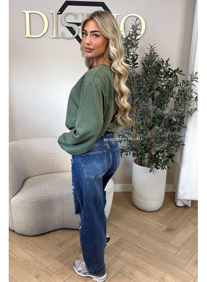 DARK BLUE - 'CAIANO JEANS' - RIPPED STRETCH BALLOON LEG JEANS