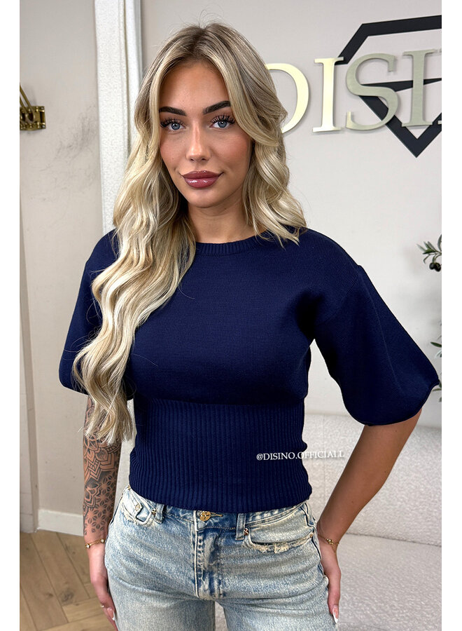 NAVY BLUE - 'ILAYDA SHORTSLEEVE' - SNATCHED BELL SLEEVE KNIT TOP