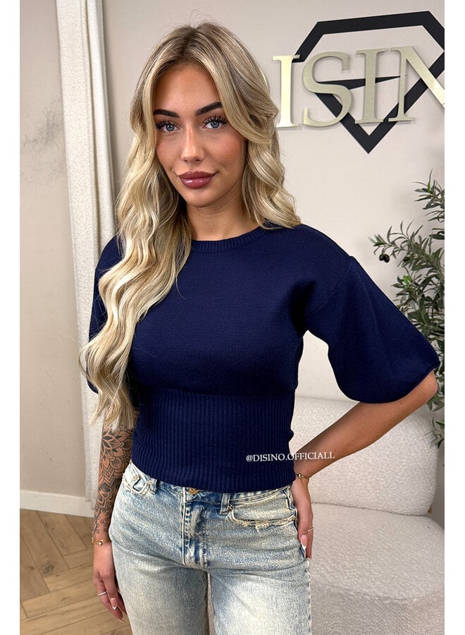 NAVY BLUE - 'ILAYDA SHORTSLEEVE' - SNATCHED BELL SLEEVE KNIT TOP