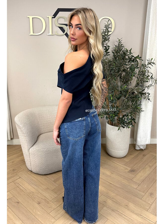 NAVY BLUE - 'BELINDE TOP' - CLASSY OFF SHOULDER DRAPED TOP