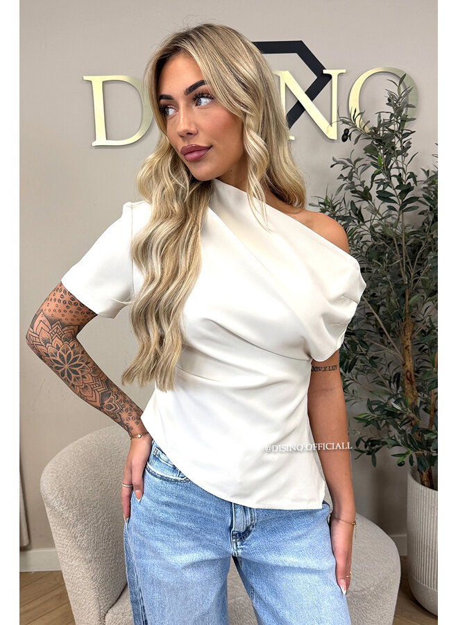 BEIGE - 'BELINDE TOP' - CLASSY OFF SHOULDER DRAPED TOP