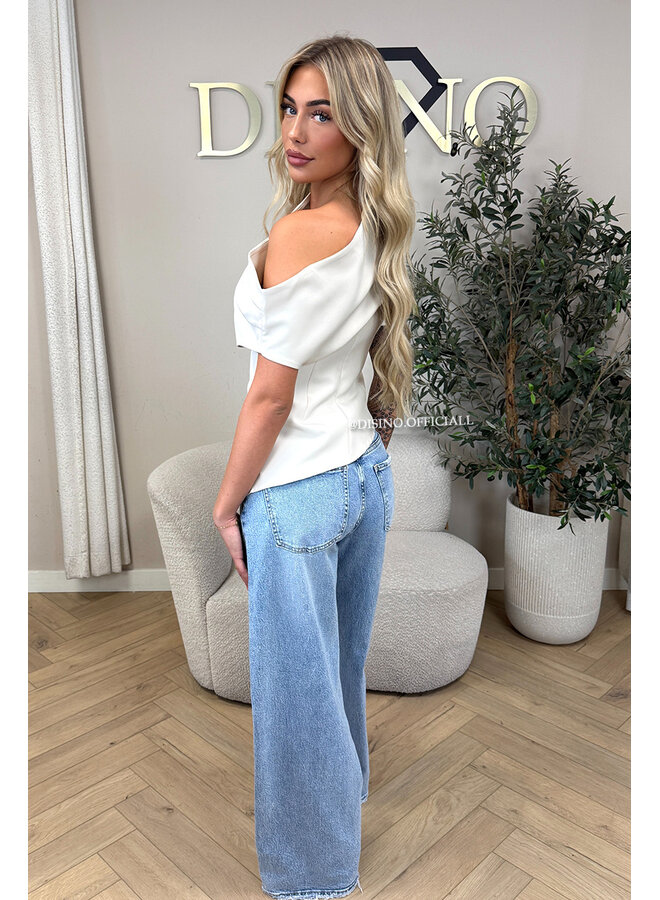 BEIGE - 'BELINDE TOP' - CLASSY OFF SHOULDER DRAPED TOP