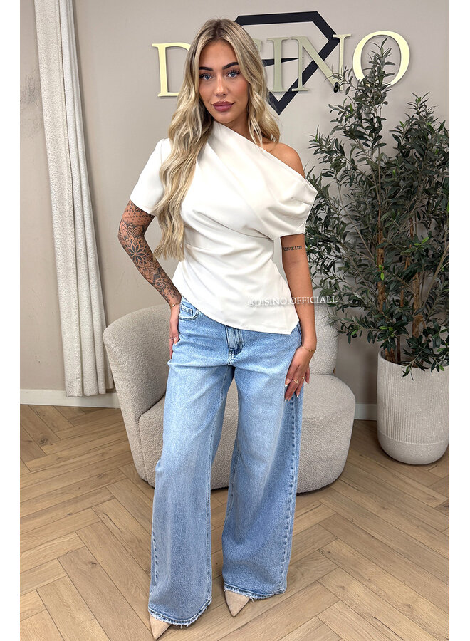 BEIGE - 'BELINDE TOP' - CLASSY OFF SHOULDER DRAPED TOP