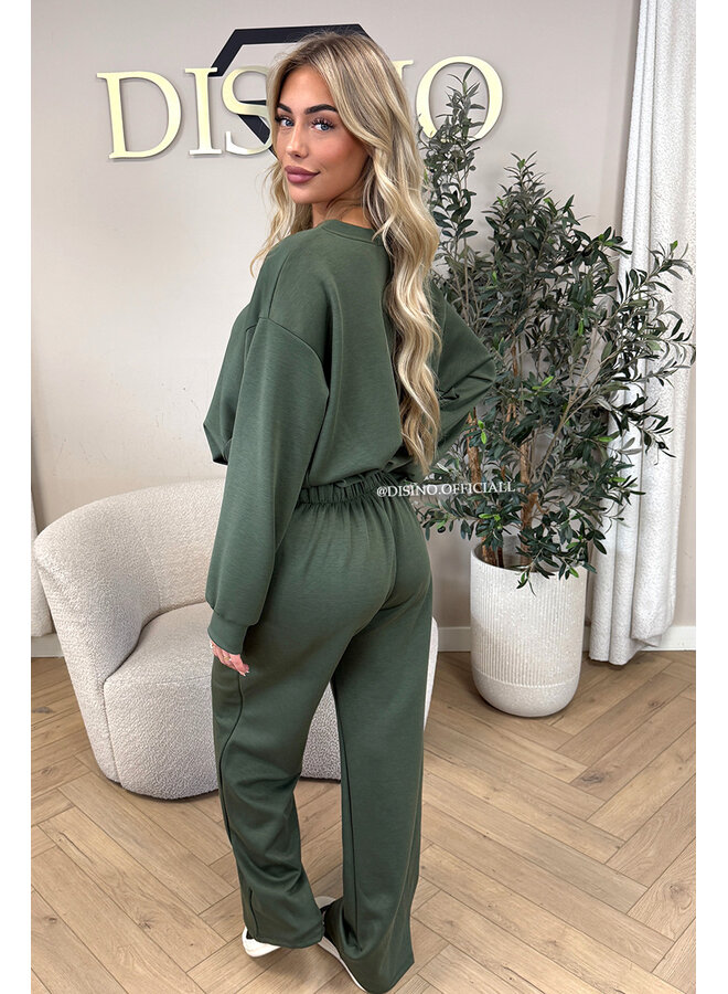 ARMY GREEN - 'ALBA SET' - OVERSIZED CROPPED SWEATER + PANTS TWO PIECE SET