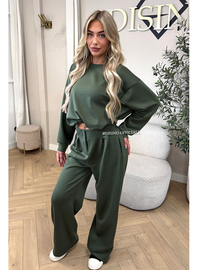 ARMY GREEN - 'ALBA SET' - OVERSIZED CROPPED SWEATER + PANTS TWO PIECE SET