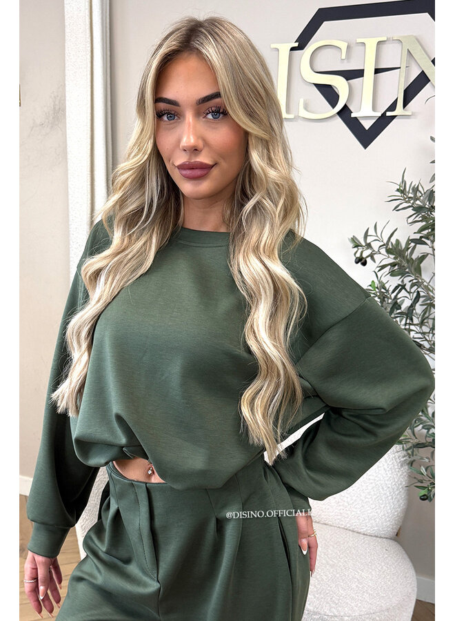 ARMY GREEN - 'ALBA SET' - OVERSIZED CROPPED SWEATER + PANTS TWO PIECE SET