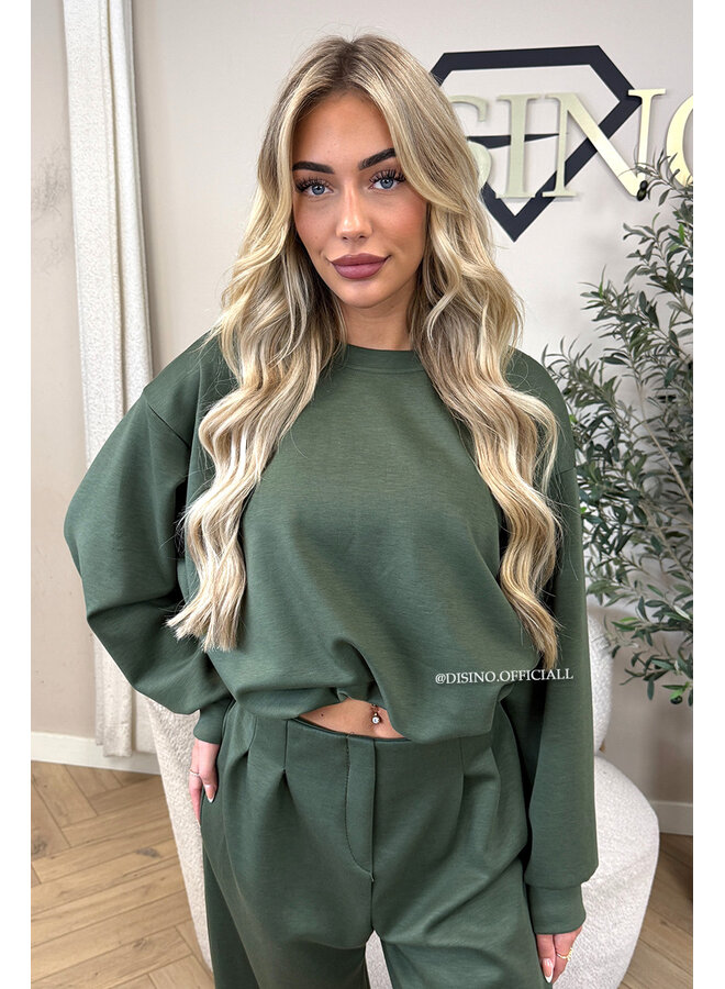 ARMY GREEN - 'ALBA SET' - OVERSIZED CROPPED SWEATER + PANTS TWO PIECE SET