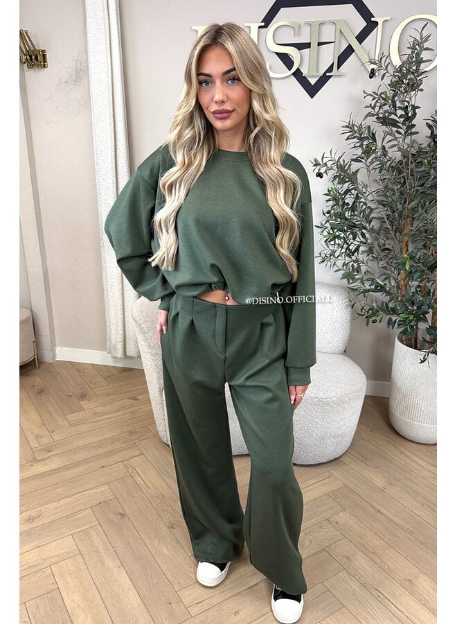 ARMY GREEN - 'ALBA SET' - OVERSIZED CROPPED SWEATER + PANTS TWO PIECE SET