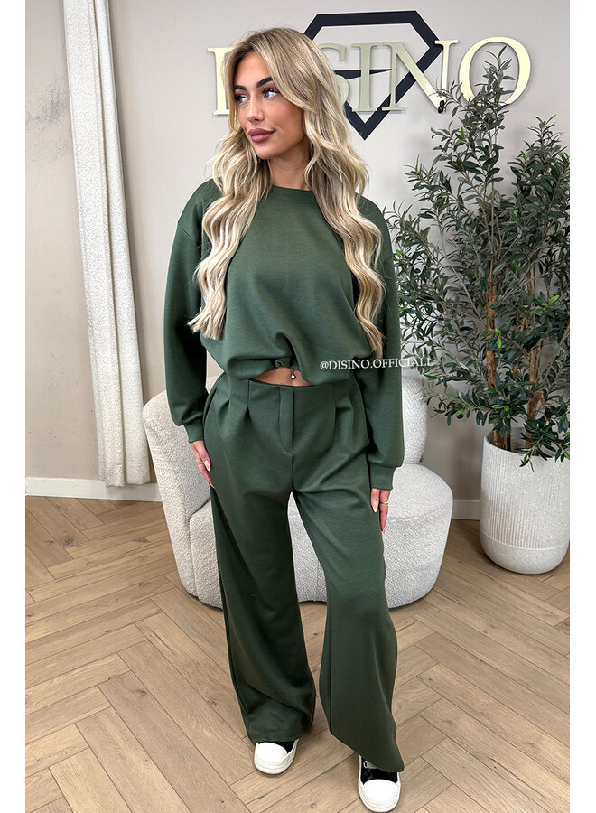 ARMY GREEN - 'ALBA SET' - OVERSIZED CROPPED SWEATER + PANTS TWO PIECE SET