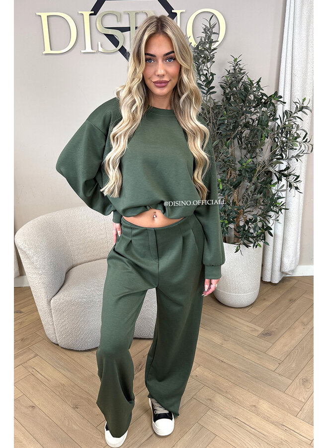 ARMY GREEN - 'ALBA SET' - OVERSIZED CROPPED SWEATER + PANTS TWO PIECE SET