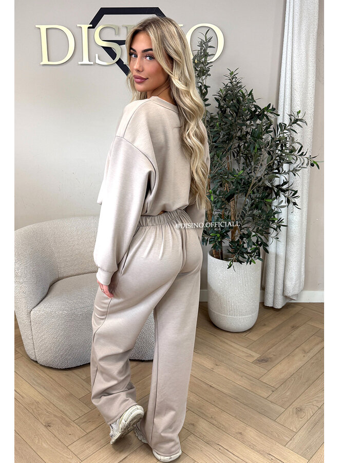 BEIGE - 'ALBA SET' - OVERSIZED CROPPED SWEATER + PANTS TWO PIECE SET