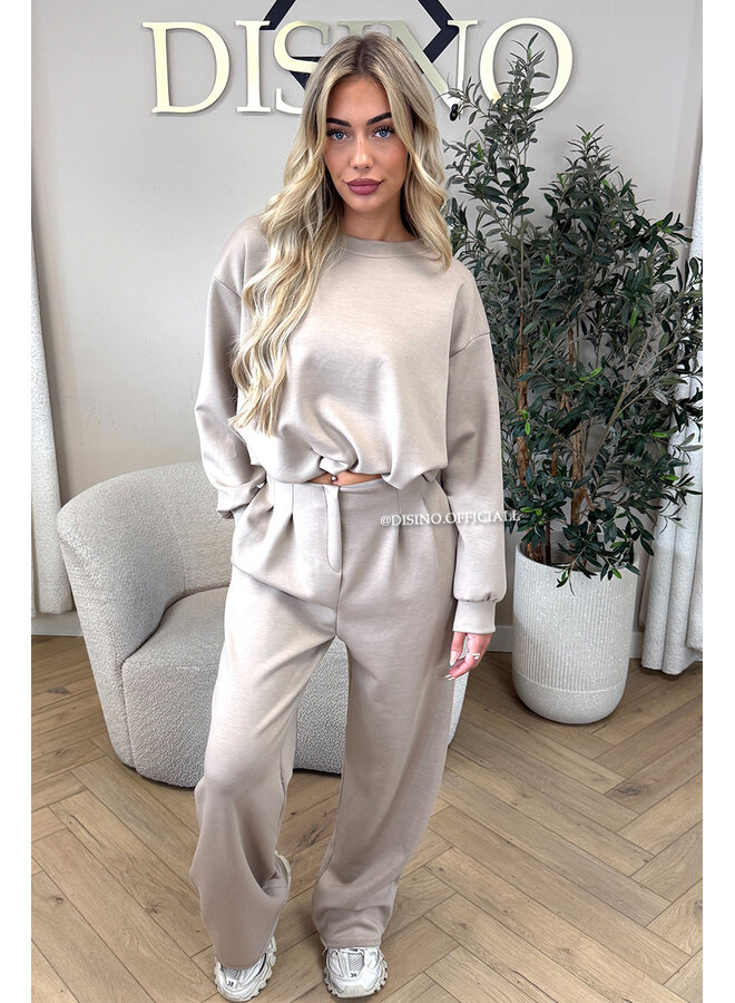 BEIGE - 'ALBA SET' - OVERSIZED CROPPED SWEATER + PANTS TWO PIECE SET