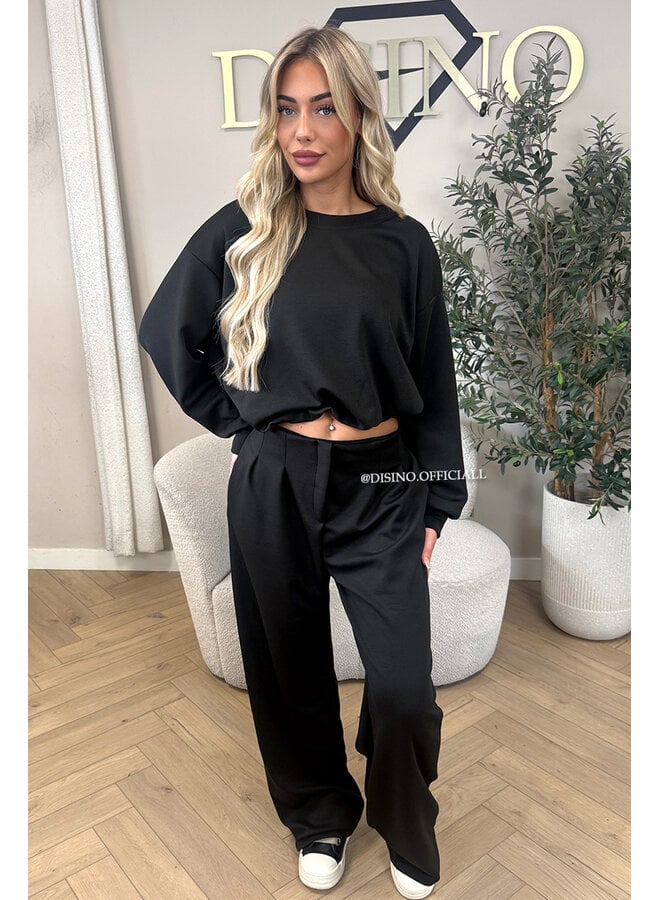 BLACK - 'ALBA SET' - OVERSIZED CROPPED SWEATER + PANTS TWO PIECE SET