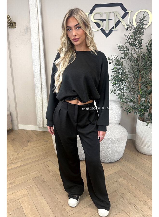 BLACK - 'ALBA SET' - OVERSIZED CROPPED SWEATER + PANTS TWO PIECE SET