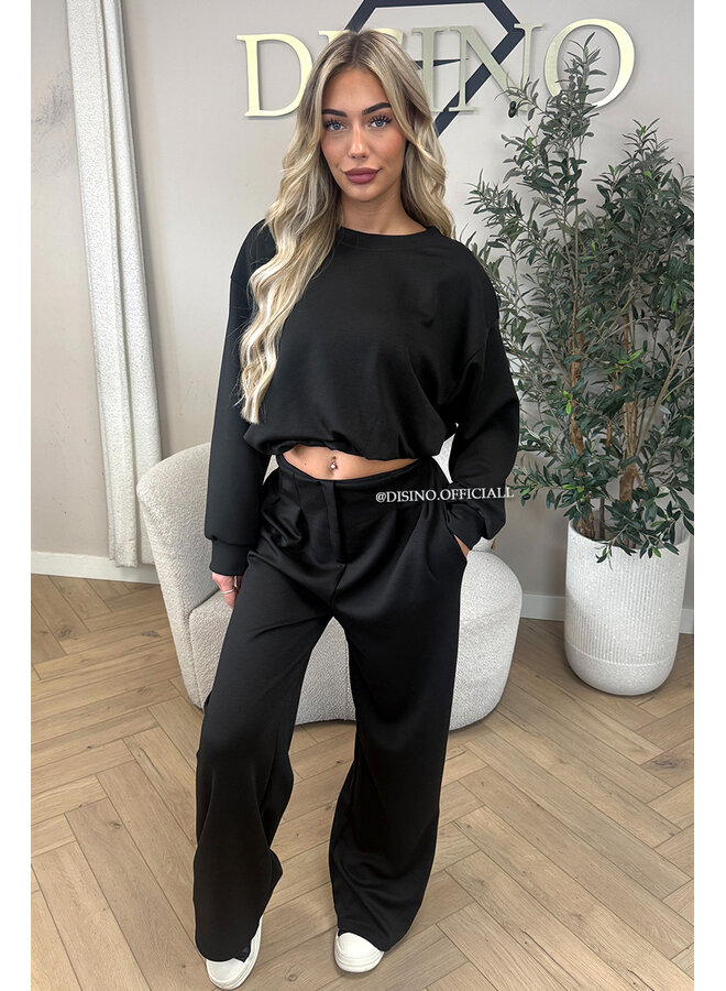 BLACK - 'ALBA SET' - OVERSIZED CROPPED SWEATER + PANTS TWO PIECE SET