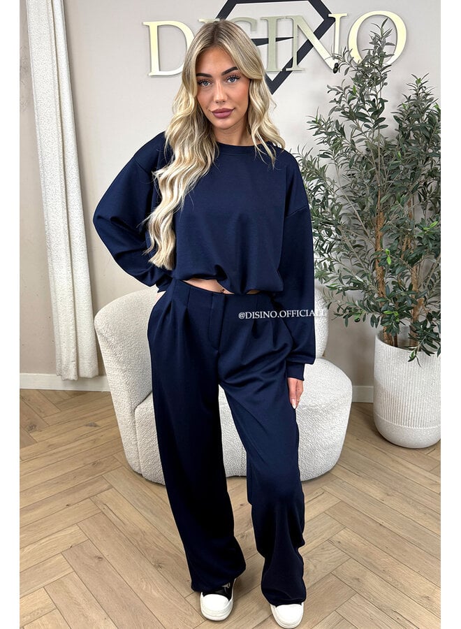 NAVY BLUE - 'ALBA SET' - OVERSIZED CROPPED SWEATER + PANTS TWO PIECE SET