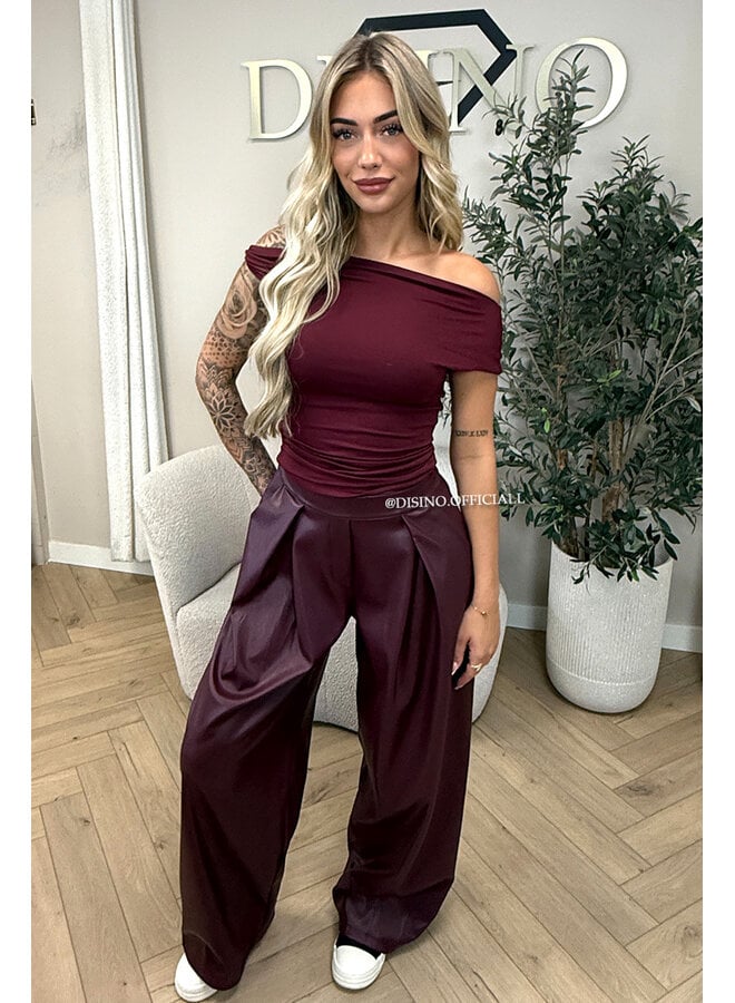 BORDEAUX - 'ALENA PANTS' - STRETCH PALAZZO FAUX LEATHER PANTS