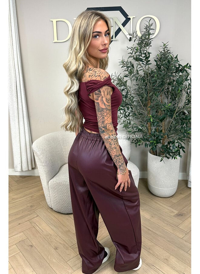 BORDEAUX - 'ALENA PANTS' - STRETCH PALAZZO FAUX LEATHER PANTS