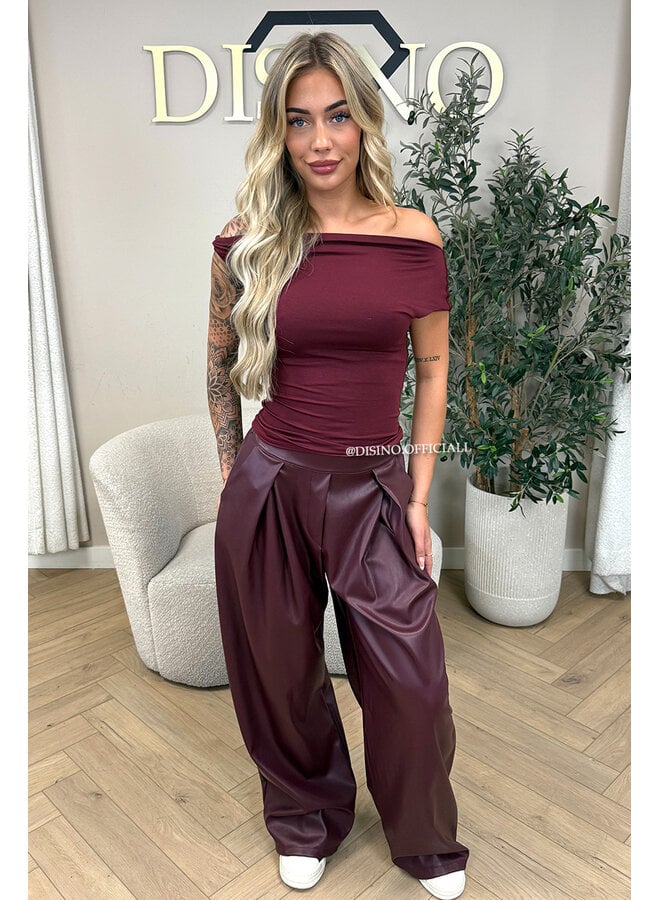 BORDEAUX - 'ALENA PANTS' - STRETCH PALAZZO FAUX LEATHER PANTS