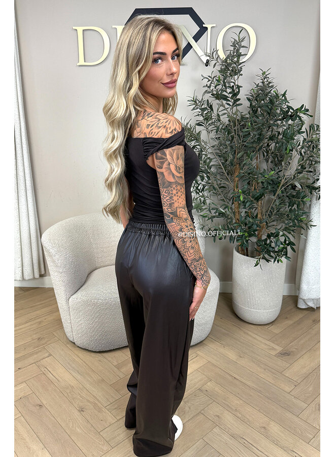 CHOCO - 'ALENA PANTS' - STRETCH PALAZZO FAUX LEATHER PANTS