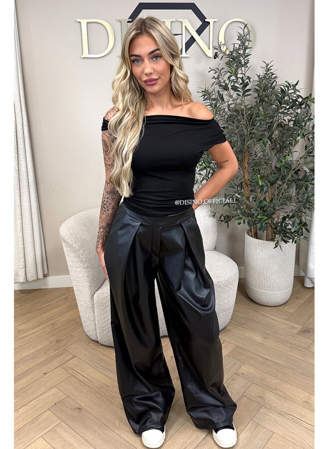 BLACK - 'ALENA PANTS' - STRETCH PALAZZO FAUX LEATHER PANTS