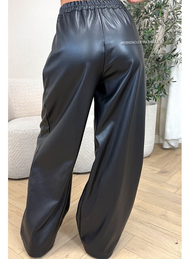 BLACK - 'ALENA PANTS' - STRETCH PALAZZO FAUX LEATHER PANTS