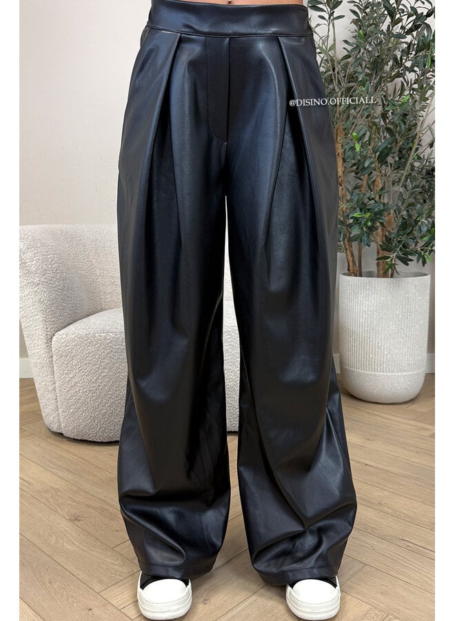 BLACK - 'ALENA PANTS' - STRETCH PALAZZO FAUX LEATHER PANTS