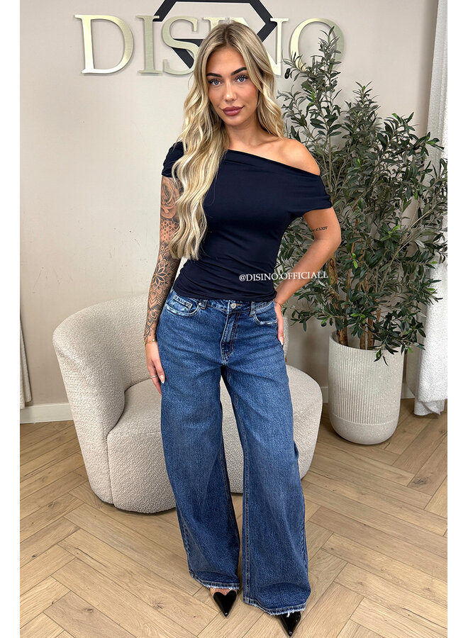 NAVY BLUE - 'MIREYA TOP' - ONE SHOULDER STRETCHY TOP