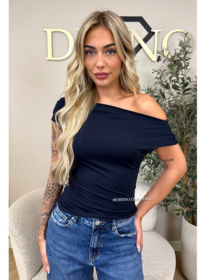 NAVY BLUE - 'MIREYA TOP' - ONE SHOULDER STRETCHY TOP