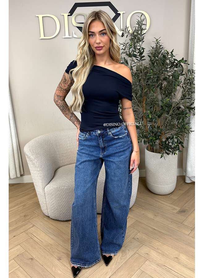 NAVY BLUE - 'MIREYA TOP' - ONE SHOULDER STRETCHY TOP