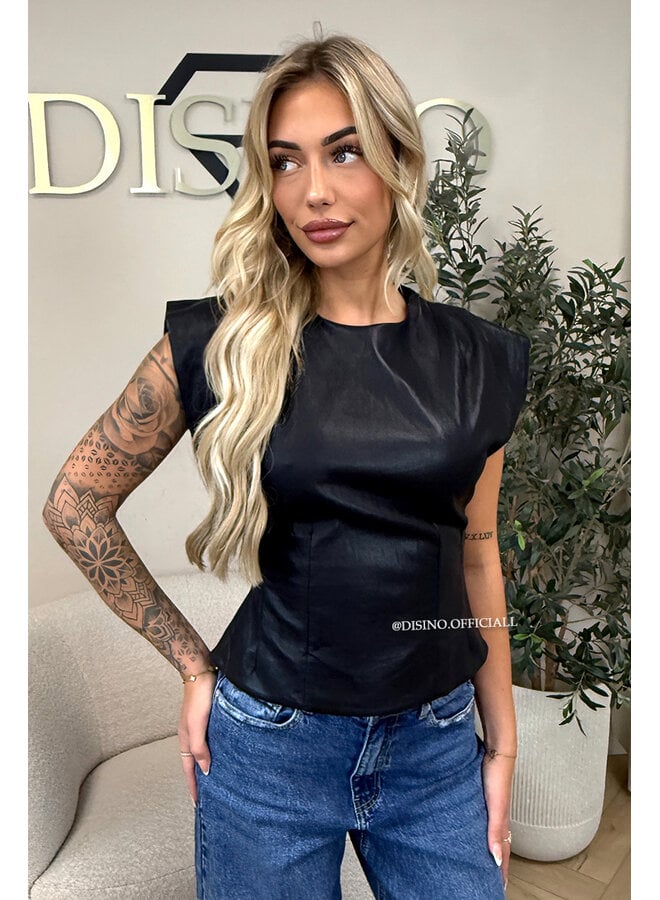 BLACK - 'ADELIA TOP' - FAUX LEATHER TOP