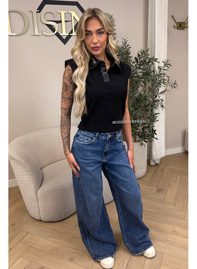 BLACK - 'DANIELLE TOP' - CROCO LEATHER BOYFRIEND TOP