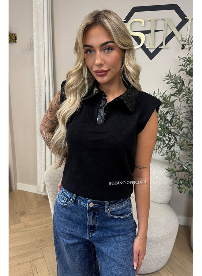 BLACK - 'DANIELLE TOP' - CROCO LEATHER BOYFRIEND TOP
