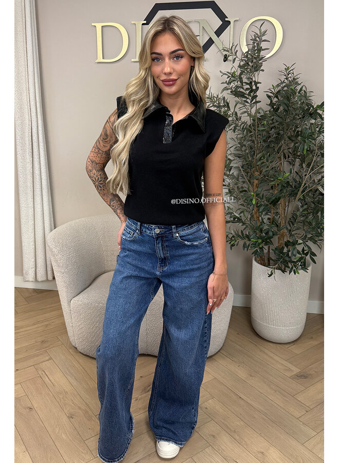 BLACK - 'DANIELLE TOP' - CROCO LEATHER BOYFRIEND TOP