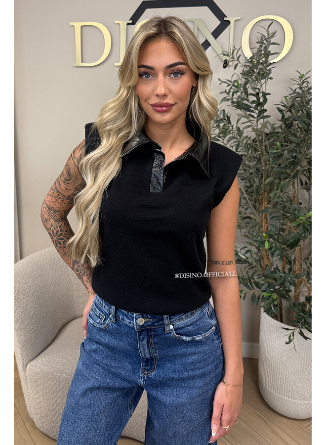 BLACK - 'DANIELLE TOP' - CROCO LEATHER BOYFRIEND TOP