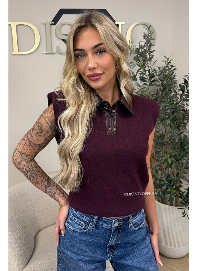 CHERRY - 'DANIELLE TOP' - CROCO LEATHER COLLAR BOYFRIEND TOP