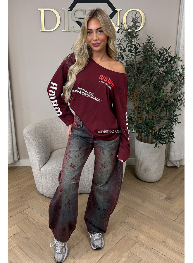 BURGUNDY WASH - 'RAVENNA JEANS' - STRETCH VIRAL BALLOON LEG JEANS